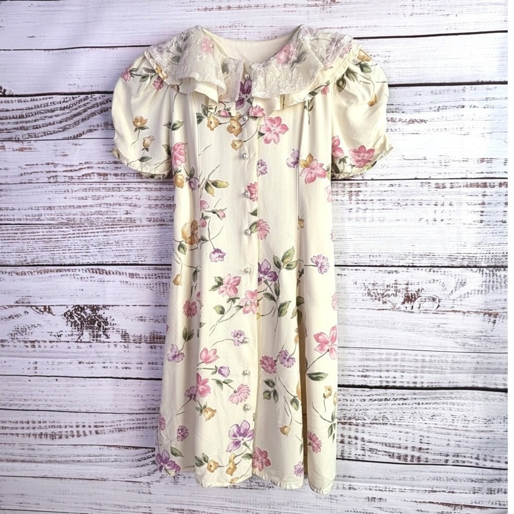 Cottagecore Vintage Floral Lace Collar Dress 7 Cream Acetate/Rayon Prairie Girly